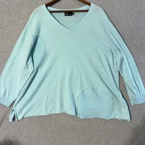 Fenini 3X Aqua Blue Textured V Neck Long Sleeve Oversized Sweater Top